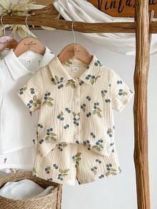 SHEIN Vintaside Kids Baby Boy Summer Casual Leaf Print Shirt And Shorts Set - Khaki - View 4