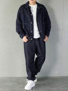 Manfinity Homme 加大码男士长袖单排扣牛仔夹克和牛仔裤休闲套装 - 深色水洗藍 - 查看 5