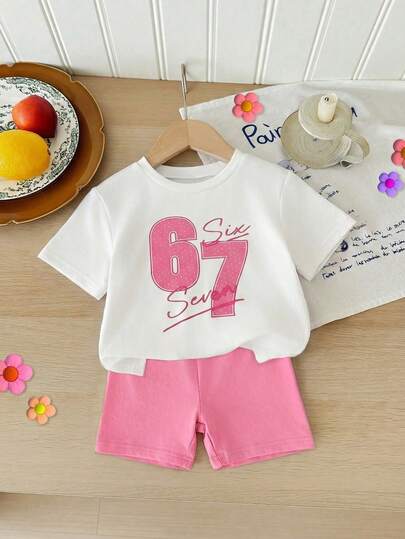 SHEIN Cute Ballet Style Bow Decor, Baby Girl Casual Minimalist Round Neck Short Sleeve T-Shirt And Tight Shorts Set, Suitable For Spring/Summer