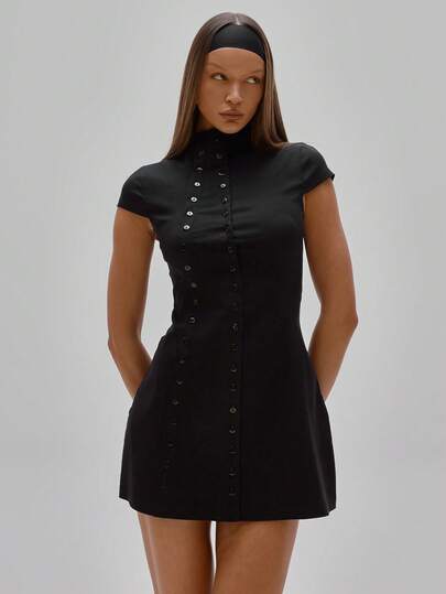 MUSERA High Neck Button Detail Cinched Waist Short Sleeve Mini Dress Party Sexy Night Out Elegant Occasion Valentines Bridal Wedding Engagement Valentines Day Summer