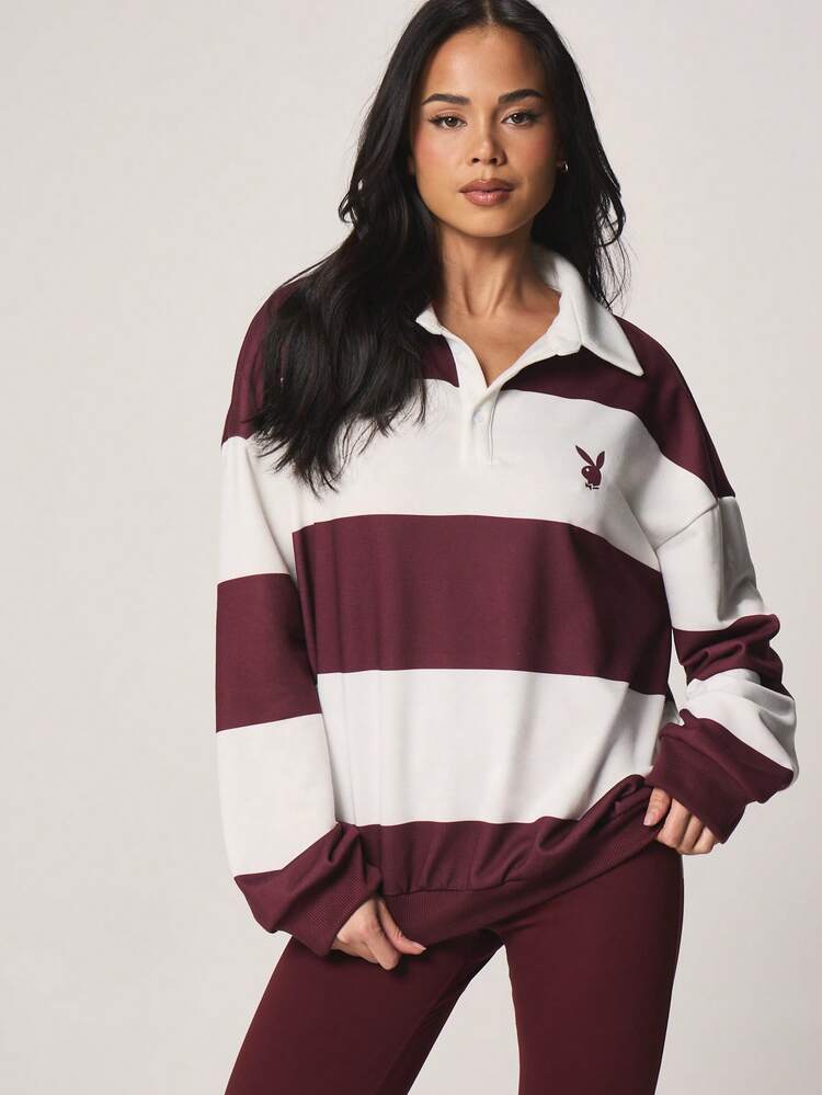 Missguided x Playboy Women Striped Sweatshirt With Collared Neckline And Long Sleeves Casual Pullover Top For Fall Winter