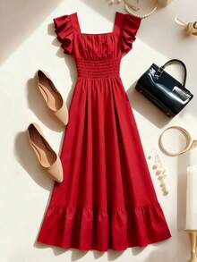 Franclia Đầm dài xòe xếp ly cổ vuông màu đỏ tươi, dây mảnh, eo hai mảnh, thích hợp cho hẹn hò, dự tiệc, tôn dáng và thanh lịch, chất vải cứng cáp, thiết kế dây mảnh, đầm xếp ly cổ vuông màu đỏ. - Đỏ - Xem 5