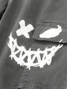 Tween Boy Button Fly Casual Jeans With Letter & Smiling Face Graphic, Versatile For Daily Wear - Light Grey - View 7