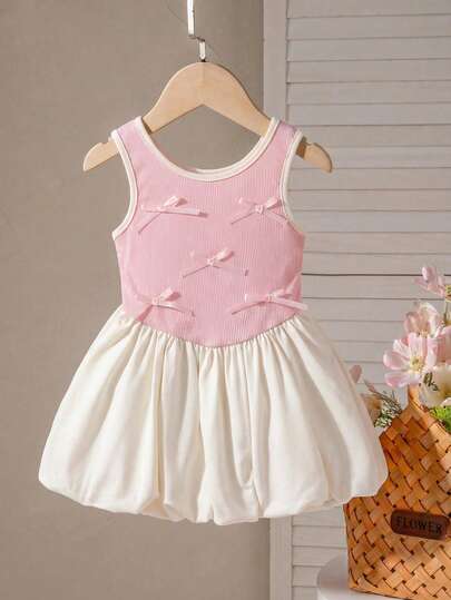 SHEIN Playful Pals 1pc Toddler Baby Girls Sweet Princess Ballet Style Pink Cream White Colorblock Patchwork Ribbed Knit Texture Multi Bowknot Ribbon Decor Sleeveless Tank Strap V-Waist Bubble Hem Dress Vestidos Soft Stretchy Party Dress Sundress Clothes Outfits For Birthday Daily Summer