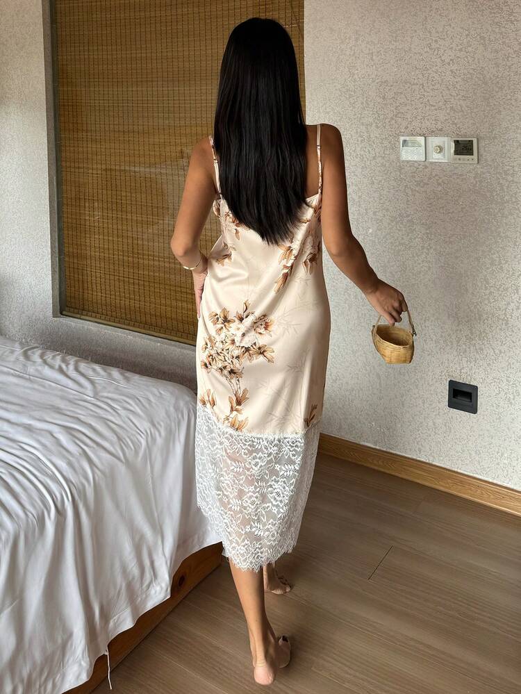 Floral Print Sleeveless Lace Patchwork Long Dress, Women Summer Casual Dress