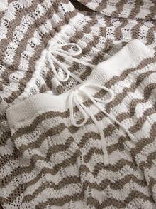 CosyJoli 大码优雅法式极简波浪纹多功能度假休闲镂空针织上衣和裤子两件套，轻盈透气，适合春夏穿着 - 駝色 - 查看 3