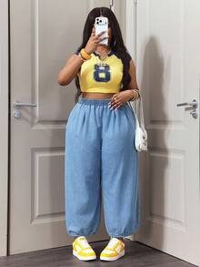 Slaydiva Quần jean denim dáng rộng, thoải mái, xếp ly, dành cho nữ cỡ lớn, cạp chun, thích hợp cho mùa xuân và hè. - Rửa nhẹ - Xem 7