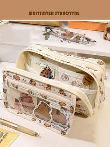 2pcs Capybara Pencil Bag, Cute Cartoon Flip, Transparent Front Multi-Pocket, Oxford Fabric Storage Bag, Large-Capacity Multi-Functional Student Stationery, Cute Multifunctional Storage Bag, Pencil Case, Cosmetic Bag For School, Stationery,Holiday Gifts, School Gifts,Back To School,School Supplies - Multicolor - View 3