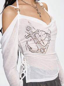 ROMWE Grunge Punk Spring/SummercasualAnchor Chain Print Rhinestone Embellished Off-Shoulder Bodycon T-Shirt - White - View 10