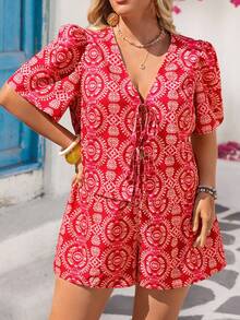 Vivid Eden Bộ đồ 2 món cỡ lớn mùa hè, in họa tiết toàn thân, buộc dây phía trước, gồm áo tay ngắn và quần short. - Đỏ - Xem 3