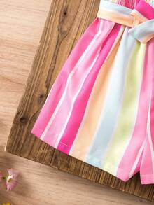 SHEIN Newborn Baby Girl Vacation Casual Pink Striped Short Sleeve Romper With Belt - Multicolor - View 6