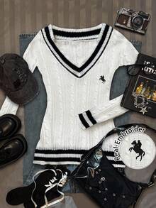 Coolane 休闲复古朋克 Y2K 百搭派对机场装，胸前饰有小号刺绣 Logo 贴片，舒适保暖 V 领条纹修身白色长袖女式毛衣，适合秋冬季穿着。 - 彩色 - 查看 4