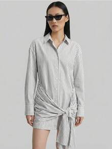 Ontre 女式条纹落肩长袖单排扣前结衬衫裙 - 藍白色 - 查看 4