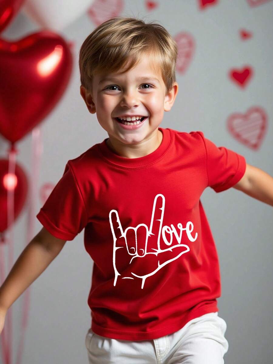 男童休闲舒适时尚创意情人节爱心手势印花短袖圆领T恤，适合外出和度假穿着，夏季红色短袖上衣 - 紅色 - 查看 1