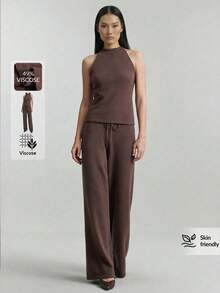 Ontre 2026春夏新品，四季皆宜，复古优雅商务休闲套装，百搭服饰，纳什维尔风格，复活节和圣诞节服装，女士休闲纯色系带吊带背心，适合都市通勤，商务休闲针织两件套，女士婚礼服 - 咖啡棕 - 查看 1