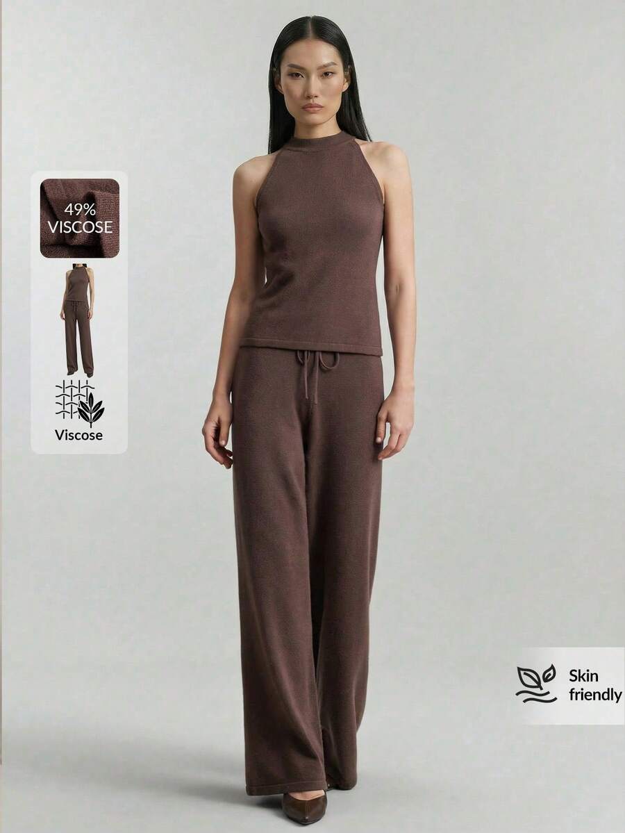 Ontre 2026春夏新品，四季皆宜，复古优雅商务休闲套装，百搭服饰，纳什维尔风格，复活节和圣诞节服装，女士休闲纯色系带吊带背心，适合都市通勤，商务休闲针织两件套，女士婚礼服 - 咖啡棕 - 查看 1