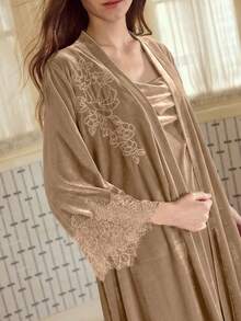 MOTF PREMIUM VELVET EMBROIDERED FLORAL LACE PATCHWORK ELEGANT BELTED ROBE - Champagne - View 2