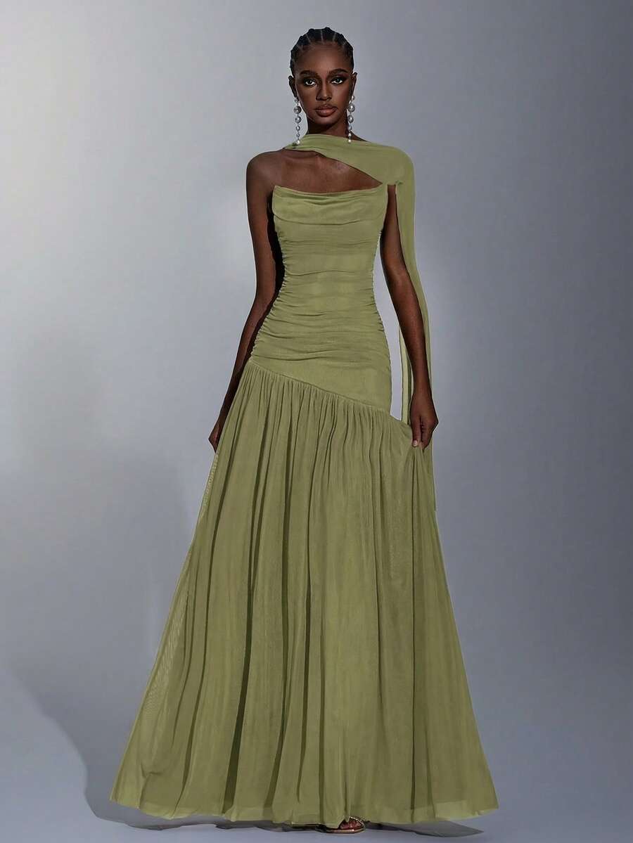 Elitara Elegant Wine Red Minimalist High-Elastic Mesh Strapless Ruched Waist A-Line Dress, Suitable For Dates, Singles Parties, Weddings, Formal Events