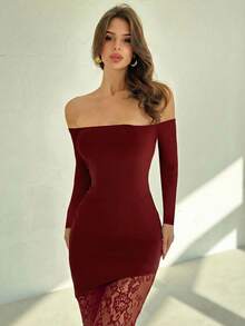 Firerie 女士优雅浪漫约会之夜性感派对黑色露肩长袖蕾丝收腰修身不对称下摆蕾丝拼接长裙，秋季 - 紅色 - 查看 6