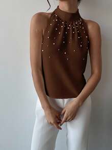 Firerie Elegant Sleeveless Collared Pearl Decor Fitted Blouse, Minimalist Style For Work, Spring/Summer - Coffee Brown - View 3