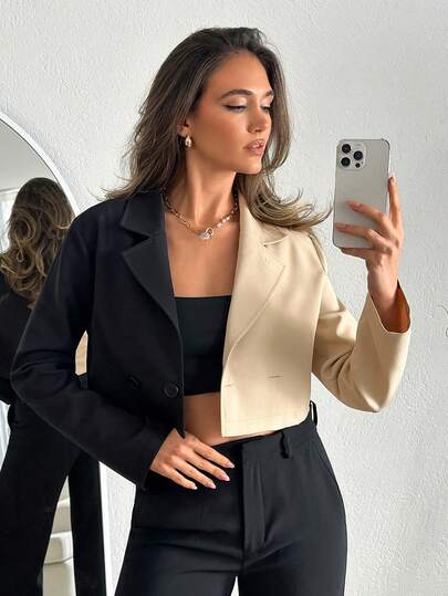 EURMUSE Women, Spring, Summer, Wo-Tone Cropped Blazer, Colorblock Cropped Jacket, Black And Beige Cropped Blazer, Asymmetrical Cropped Blazer, Double-Breasted Cropped Jacket, Women's Cropped Blazer, Tailored Crop Blazer, Long-Sleeve Cropped Blazer, Contrast-Sleeve Jacket, Chic Cropped Blazer, Office-To-Evening Cropped Jacket, Minimalist Colorblock Blazer, Modern Cropped Blazer Jacket, Casual, Boho
