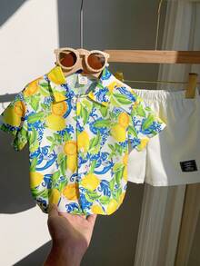 SHEIN 2pcs/Set Baby Boy Summer Casual Beach Holiday Cute Lemon Print Short Sleeve Shirt & Elastic Waist Shorts Set, Summer Vacation Outfit Boy Vacation Outfit Sets Baby Boy Beach Shirts Baby Hawaiian Shirt Toddler Boy Tropical Outfit Boy Summer Outfit Set - Multicolor - View 8