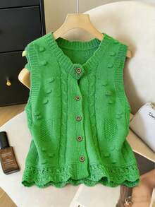 SHEIN LUNE 2026 大码女式时尚休闲简约百搭小V领扭绳绿色毛衣背心开衫，日常穿着完美之选 - 綠色 - 查看 4