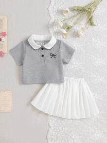 SHEIN 2件套女婴0-3岁休闲优雅Polo衫上衣和百褶裙套装 - 灰色 - 查看 1