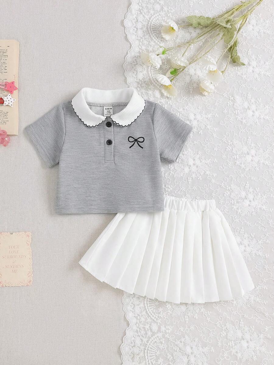 SHEIN 2件套女婴0-3岁休闲优雅Polo衫上衣和百褶裙套装 - 灰色 - 查看 1