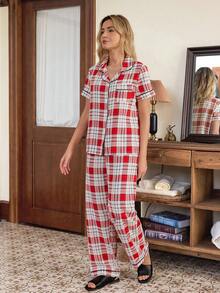 Doze Lane Bộ đồ ngủ nữ cổ kẻ caro, kiểu dáng mở phía trước - Đỏ và trắng - Xem 6