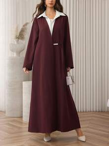 Al Najma 女士复古棕色二合一衬衫领防风夹克，长款系带修身及膝外套 - 酒紅色 - 查看 7