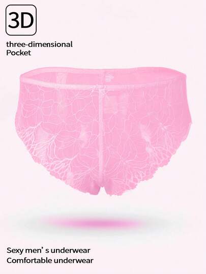 WENEZON Men's Fashionable Solid Color Sheer Mesh Sexy Briefs, Suitable For Dates Pink Pink Lace Underwear Sexy Underwear