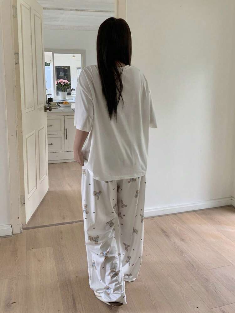 Dazy Plus 2pcs Cute Bear Pajama Set, Loose Short Sleeve Top And Long Pants, Spring/Summer Sleepwear