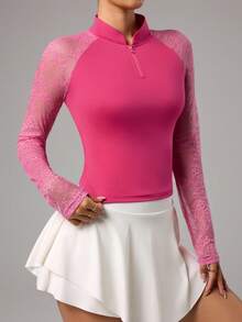 CourtClass Women's Contrast Lace Raglan Sleeve Zip-Up Golf Polo Shirt - Hot Pink - View 5