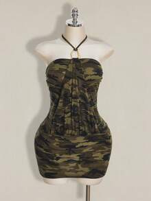SHEIN ICON Plus Size Retro Sexy Country Y2K Streetwear Camouflage Halter Bodycon Mini Dress For Women Neck Camo Casual Date Night Rave Concert Olive Green Summer - Multicolor - View 3