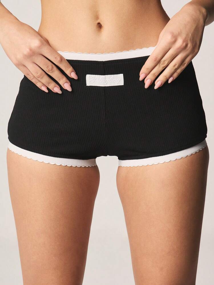 Missguided x Playboy Bokserki z wysokim stanem i prążkowanym wykończeniem kontrastowym Wygodne, codzienne majtki do spania