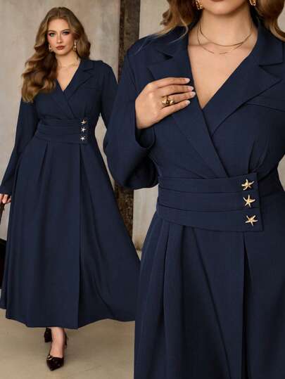 Roveilla Plus Size Women's Tweed Fabric Lapel Waist Pleated Star Decor Ruched A-Line Long Sleeve Dress, Elegant French Retro Office Commute Business Casual Streetwear, Versatile Vintage Style, Suitable For Winter, Christmas, Thanksgiving, Party, New Year Navy Blue Elegant Dress Blazer Dress Wrap Dress Women Dark Blue Dress Long Sleeve Elegant Dress Blazer Dress Plus Size