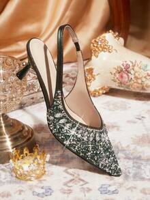 CUCCOO TILAWA Silver Toe Open Pointed-Toe Rhinestone Satin Wedding Heels For Women For Christmas Valentine's Day - Dark Green - View 6