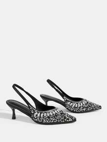CUCCOO TILAWA Silver Toe Open Pointed-Toe Rhinestone Satin Wedding Heels For Women For Christmas Valentine's Day - Black - View 3