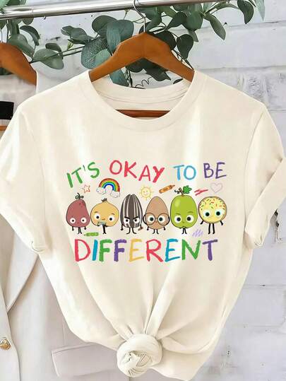INAWLY Beige Summer Casual Cute School Back-To-School "It's Okay To Be Different" T-Shirt Neurodiversity Gift Special Education Teacher Graphic Tee Women