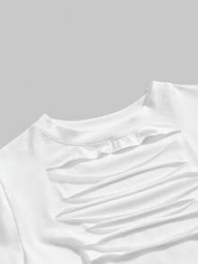 ROMWE Avant Women's Y2K Baddie Sexy Ripped Hollow Out All-Match Crew Neck Short Sleeve T-Shirt - White - View 3