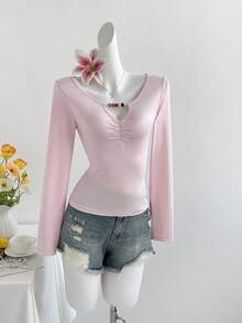 SHEIN Unity Women's Casual V-Neck Beaded Long Sleeve Versatile Top - Pink - View 3