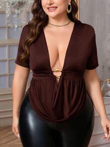 Firerie Plus Size Women Comfortable Casual Elegant Deep Draped Neck Ruched Metal Decor Sexy Stretchy Short Sleeve T-Shirt, Spring/Summer - Coffee Brown - View 5