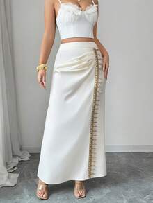 SHEIN Elenzya 2026新款女士优雅缎面高腰褶皱荷叶边开衩长裙，适合20-35岁以上女性，假日及日常百搭，春夏款 - 杏色 - 查看 3