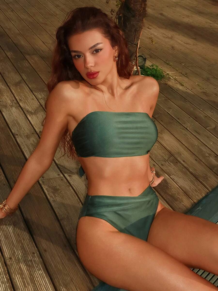 Bonvoyette 女士纯色吊带无肩带比基尼套装，春夏款 - 軍綠色 - 查看 1