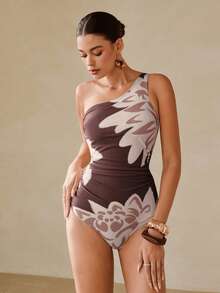 Swim Oasis Maillot de bain une pièce moulant, fendu et sexy avec imprimé, pour vacances à la plage. Modèle d'été pour femmes