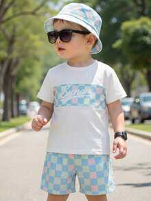 SHEIN Playful Pals 3pcs Baby Boy Toddler Infant Kids Cute Fashion Casual White Pastel Blue Pink Green Checkered Checkerboard Plaid Pattern Letter Print Graphic Short Sleeve Round Neck T-Shirt Tops And Elastic Waist Shorts Bottoms Two Piece Outfit Sets Soft Clothes For Daily Wear Beach Vacation Holiday Summer Spring Toddler Checkered Outfit Gingham Toddler Summer Wear For Boys Baby Boy Checkered Outfit Toddler Summer Clothes Boy - Blue and White - View 1