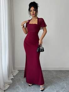 SHEIN Elenzya 优雅浪漫的修身连衣裙，腰部收紧，裙摆呈喇叭形，短袖方领披肩设计，适合派对、约会和聚会等场合。 - 酒紅色 - 查看 5