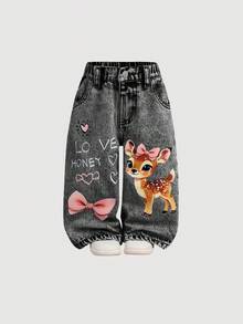 SHEIN Baby GirlCute Cartoon Deer Pattern Blue Denim Loose Pants - Light Grey - View 7