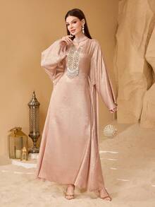 Al Najma Women's Shiny Embroidered Beaded Long Robe, Loose And Slimming, Elegant Party Robe Kaftan Jalabiya Dress - Pink - View 6